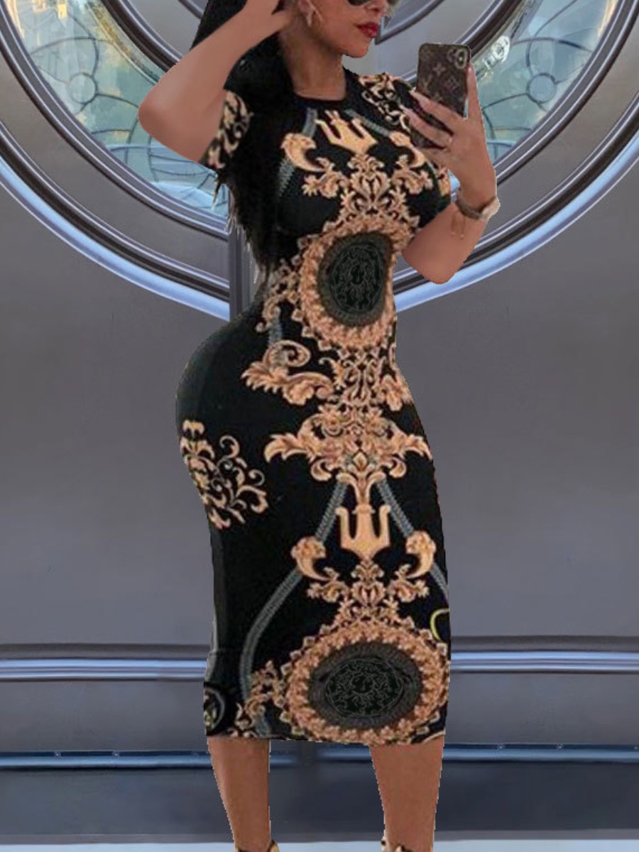 LW Round Neck Tribal Print Bodycon Dress