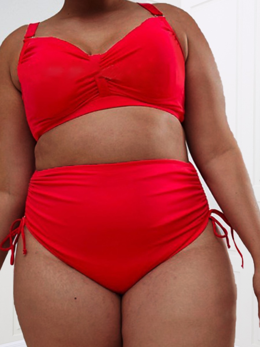 

Lovely Plus Size Boho High-waisted Drawstring Red Tankini