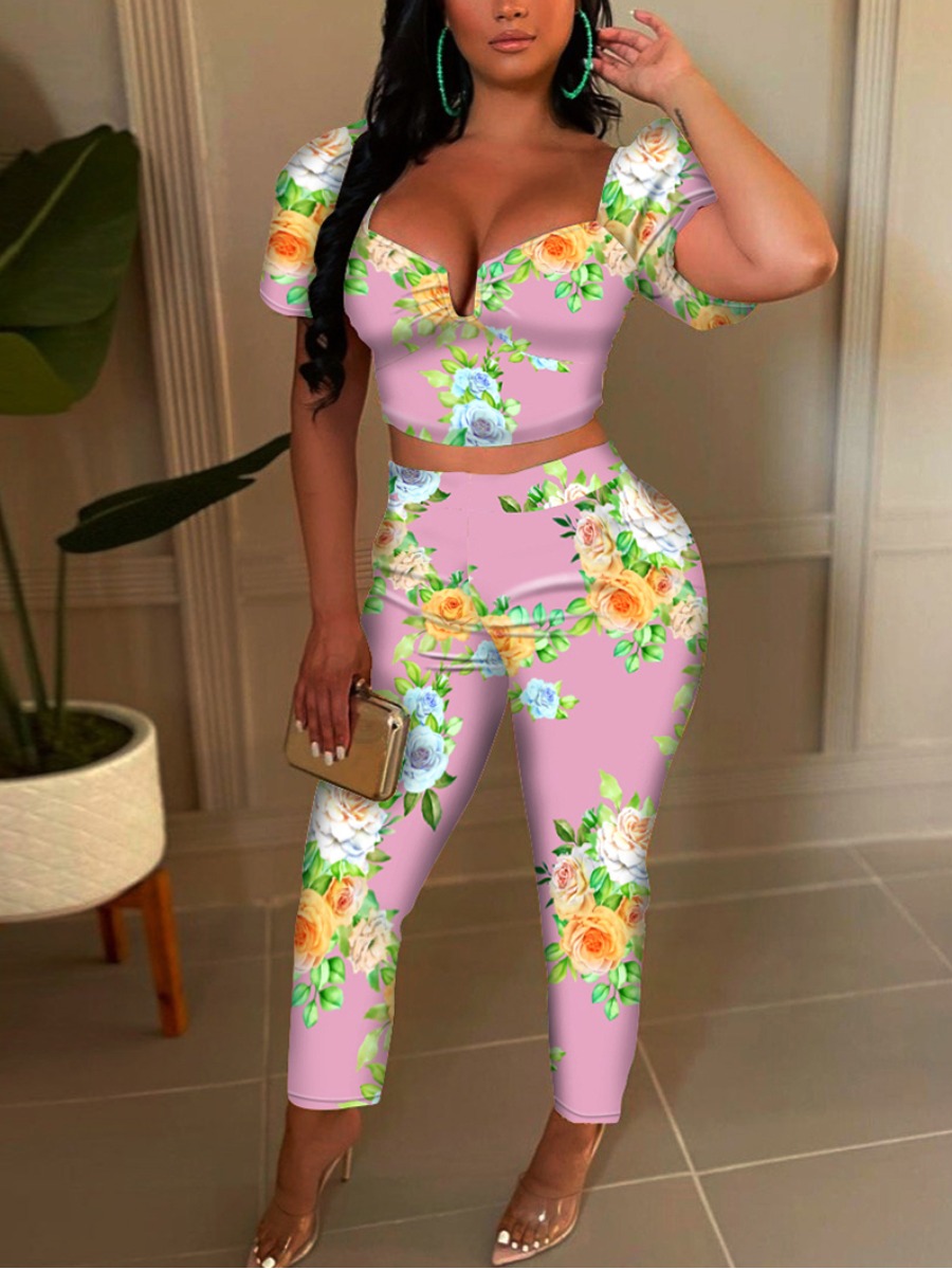 

LW Sweet Floral Print Ruffle Design Pink Two Piece Pants Set