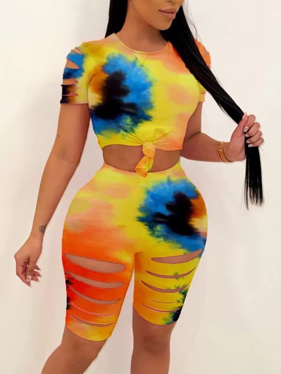 

Lovely Street Tie Dye Ripped Croci Two Piece Shorts Set