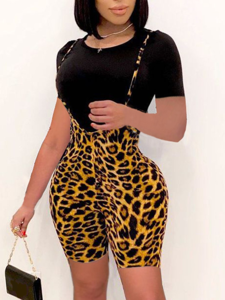 

Lovely Casual Leopard Print Overall Yellow Two Piece Shorts Set