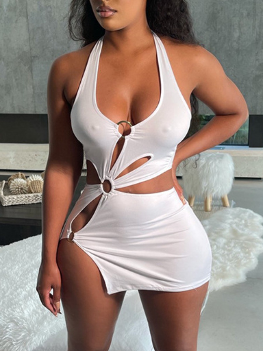 

Lovely Sexy Hollow-out Metal Ring Decoration White Mini Dress