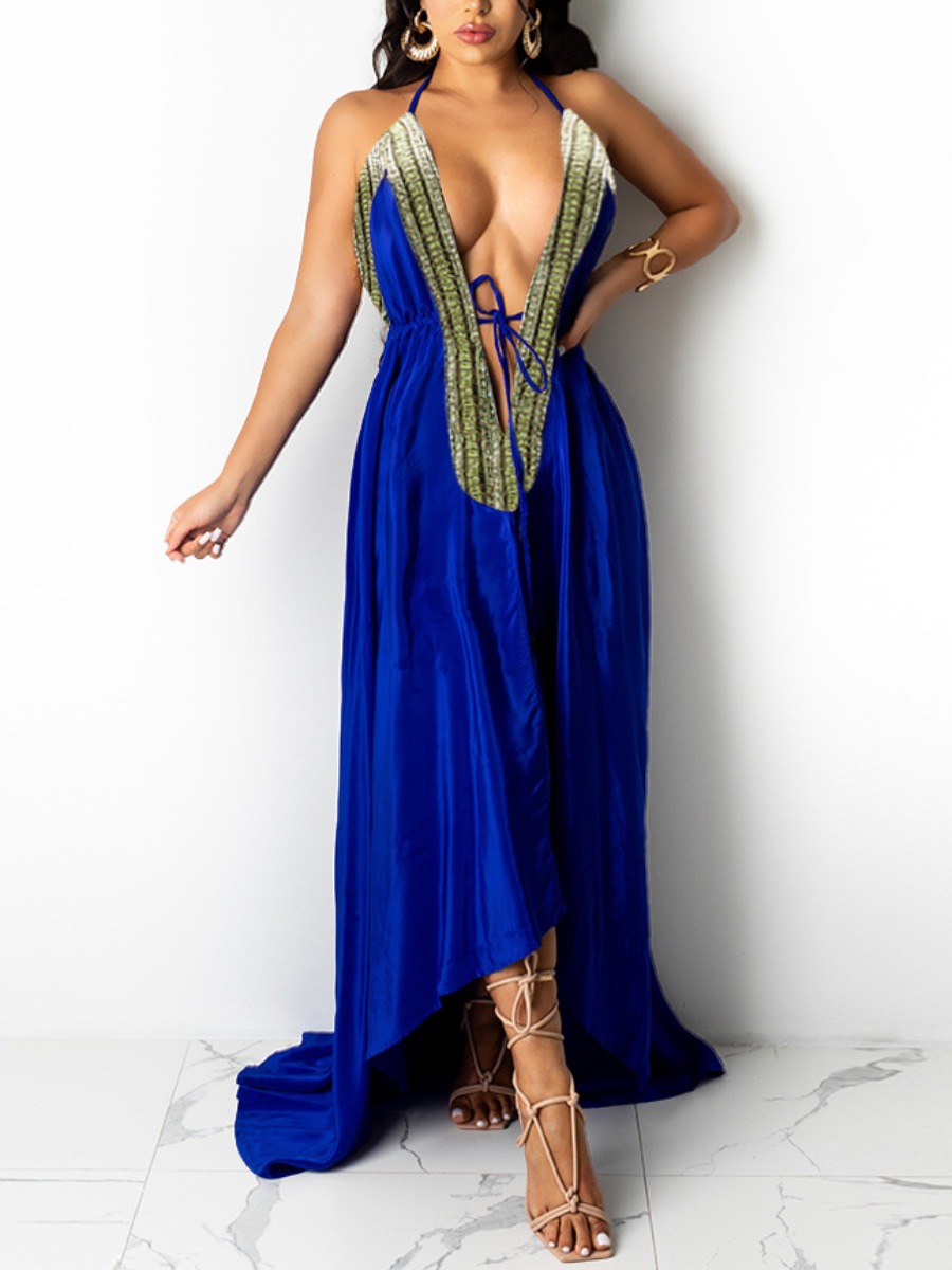

Lovely Romantic Deep V Neck Backless Blue Floor Length Dress