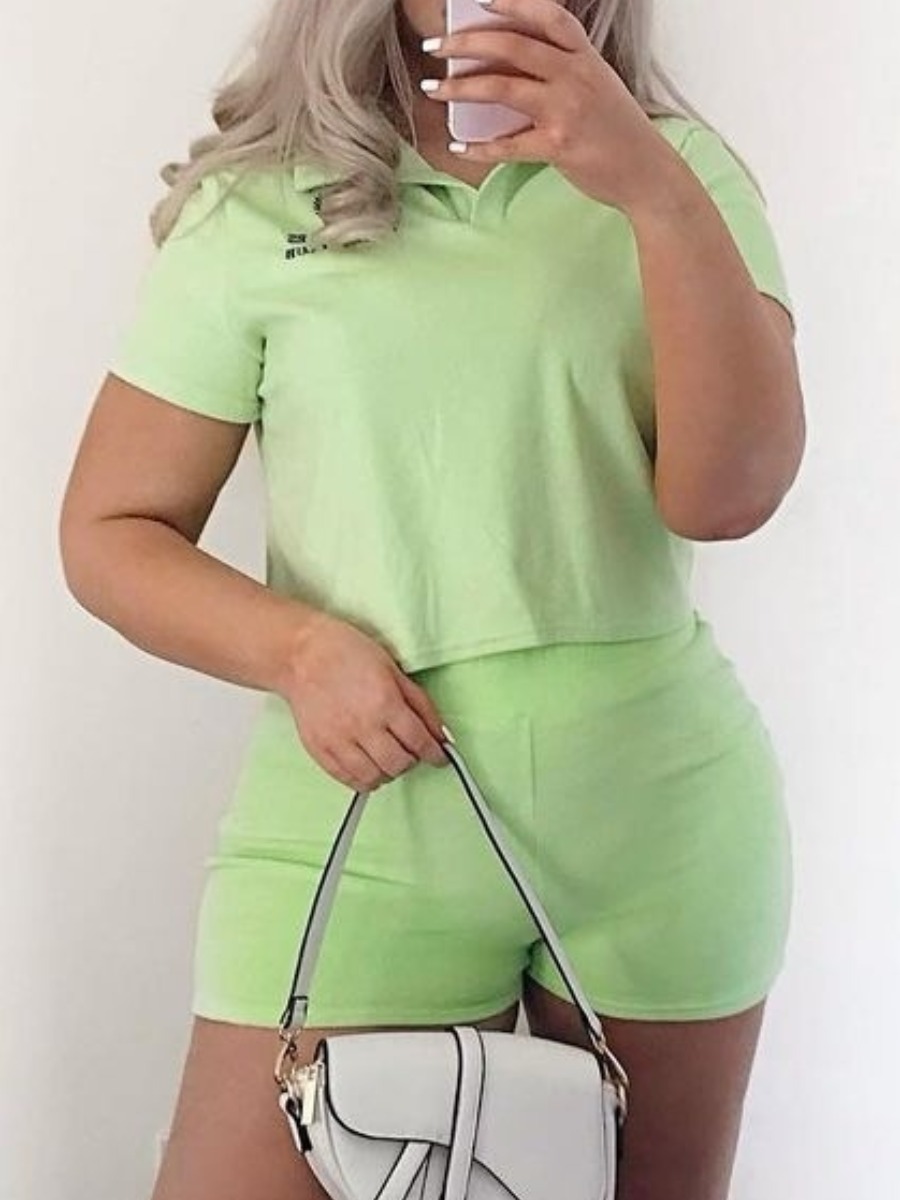 

LW Casual Turndown Collar Green Two Piece Shorts Set