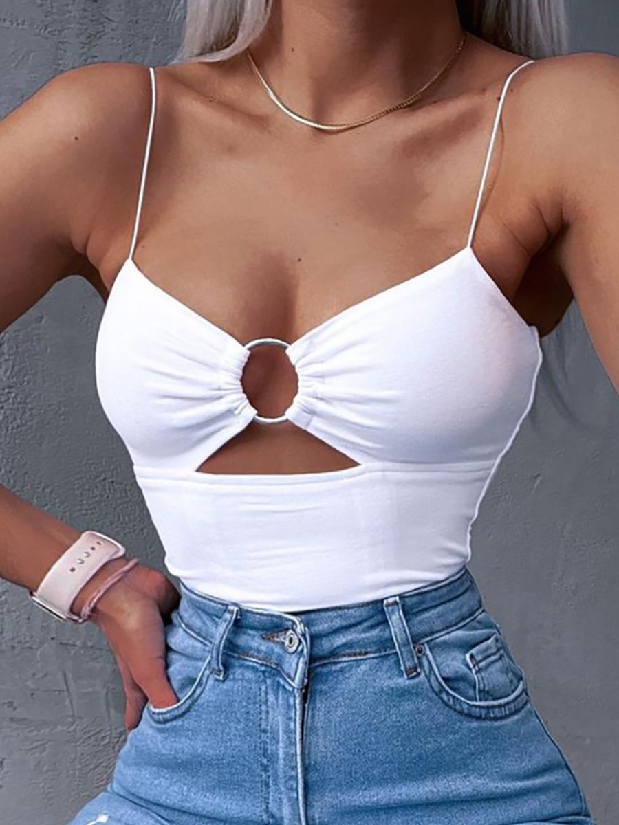 

Lovely Sexy Hollow-out Metal Ring Decoration White Camisole