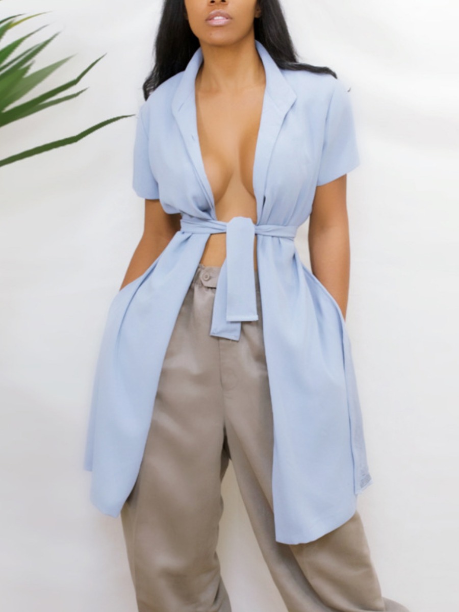 

LW Sexy Bandage Design Asymmetrical Baby Blue Blouse