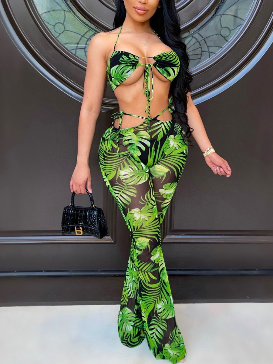 

Lovely Boho Floral Print See-through Green Two-piece Swimsuit