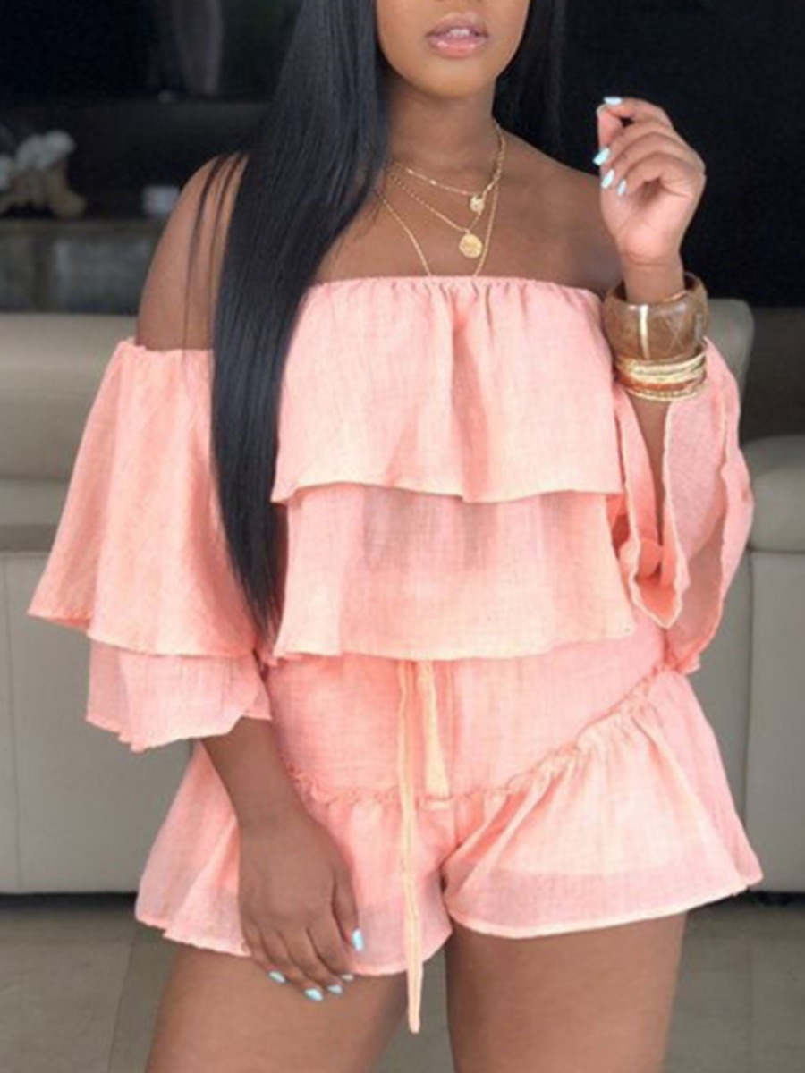 

Lovely Plus Size Sweet Flounce Design Layered Cascading Pink Two-piece Shorts Set