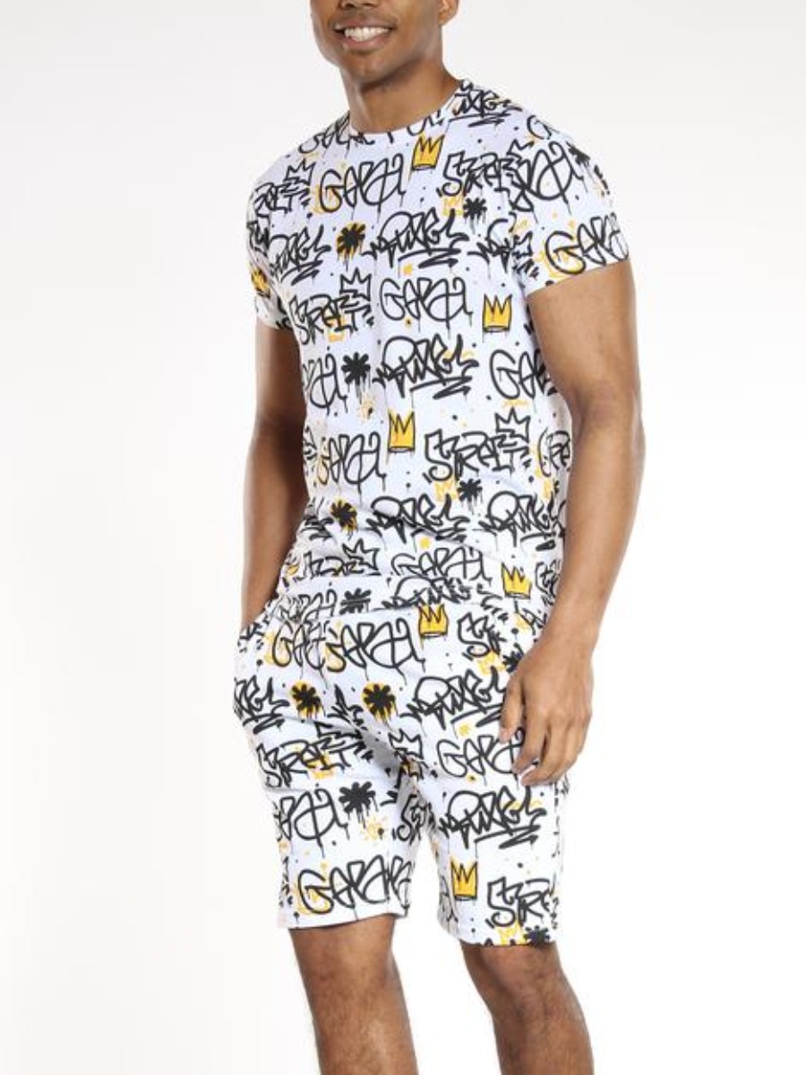 

Lovely Men Street Crown Letter Print White Two Piece Shorts Set