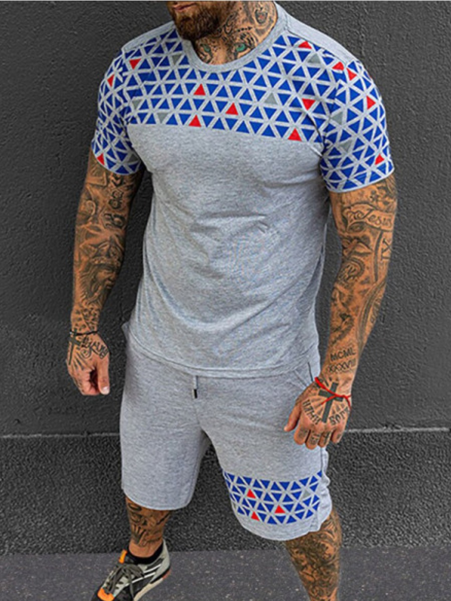 

Lovely Men Casual Geometric Print Drawstring Grey Two Piece Shorts Set
