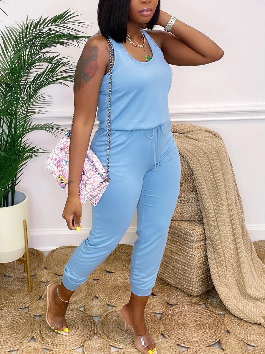 Lovely Casual U Neck Drawstring Blue One-piece Jumpsuit