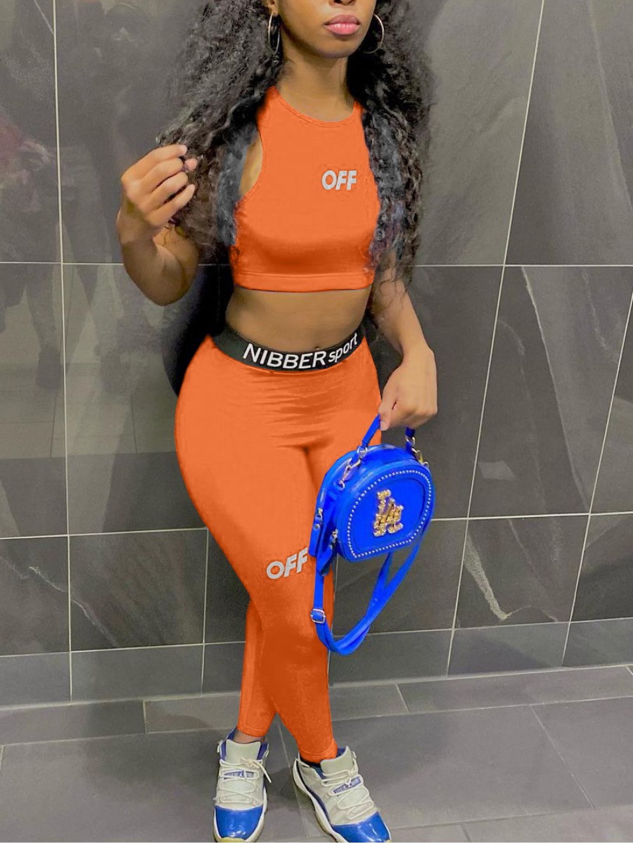 

Lovely Sporty O Neck Letter Print Croci Two Piece Pants Set