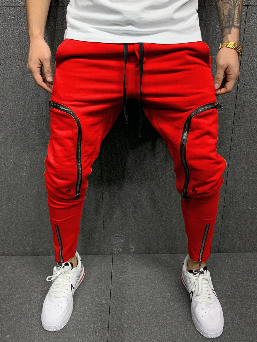 

LW Men Casual Drawstring Zipper Design Red Pants