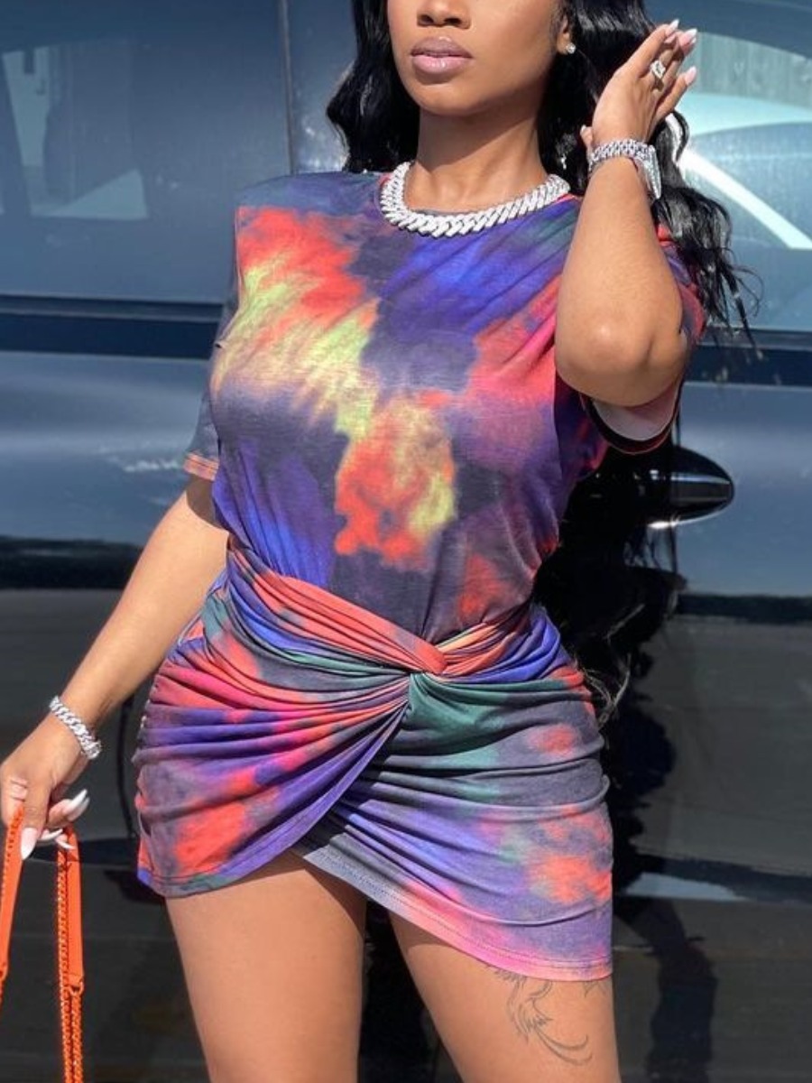 

Lovely Street Tie Dye Front Twist Multicolor Two Piece Skirt Set, Multi
