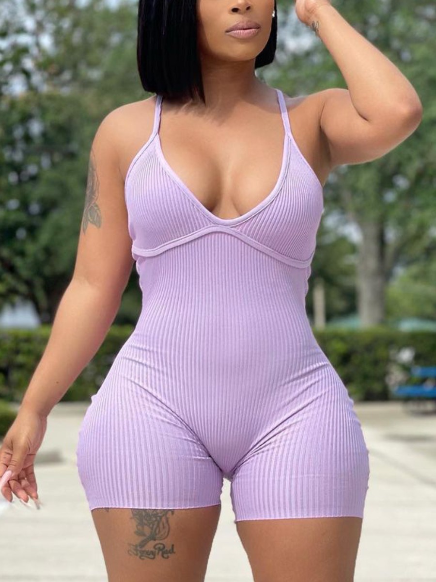 LovelyWholesale Casual Backless Rib-Knit Purple Romper Summer Sleeveless Casual Basic Spaghetti Strap Spring Summer 2024