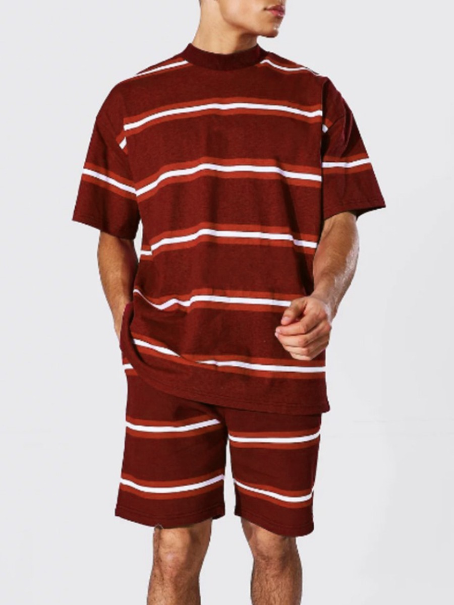 

Lovely Men Casual Striped Drawstring Red Two Piece Shorts Set