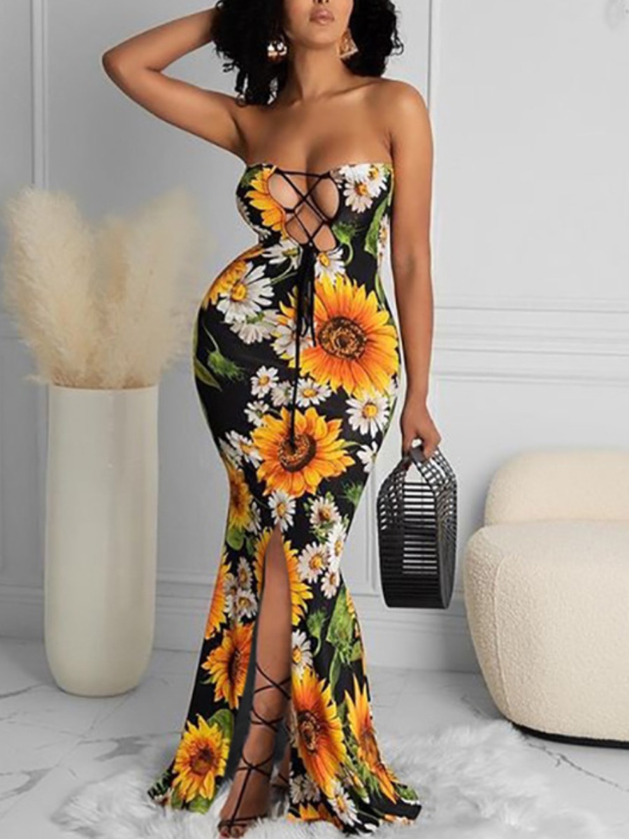 

Lovely Sunflower Boho Off The Shoulder Floral Print Split Black Floor Length Dress