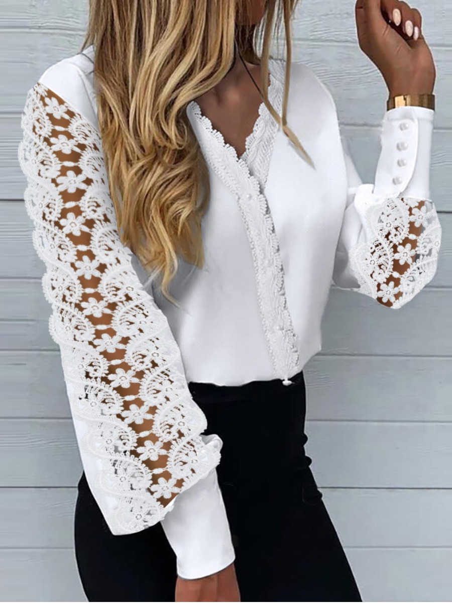 

Lovely Sweet Floral Decoration Hollow-out White Blouse