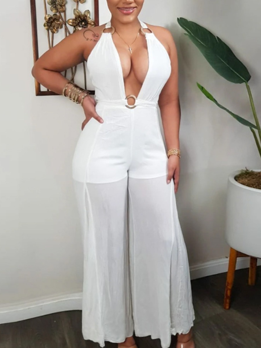 

Lovely Sexy Backless Ring Detail White One-piece Jumpsuit