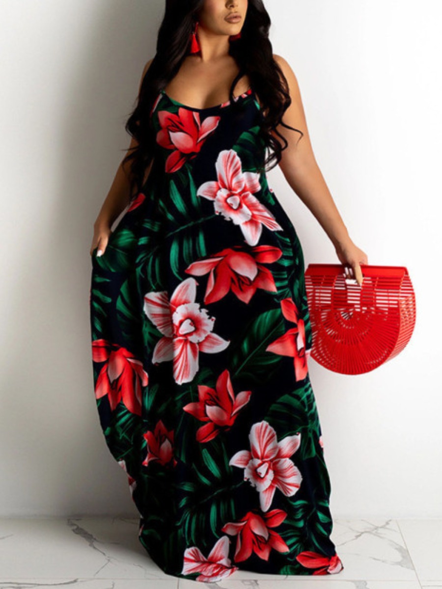 

LW Plus Size Boho U Neck Floral Print Red Floor Length Dress