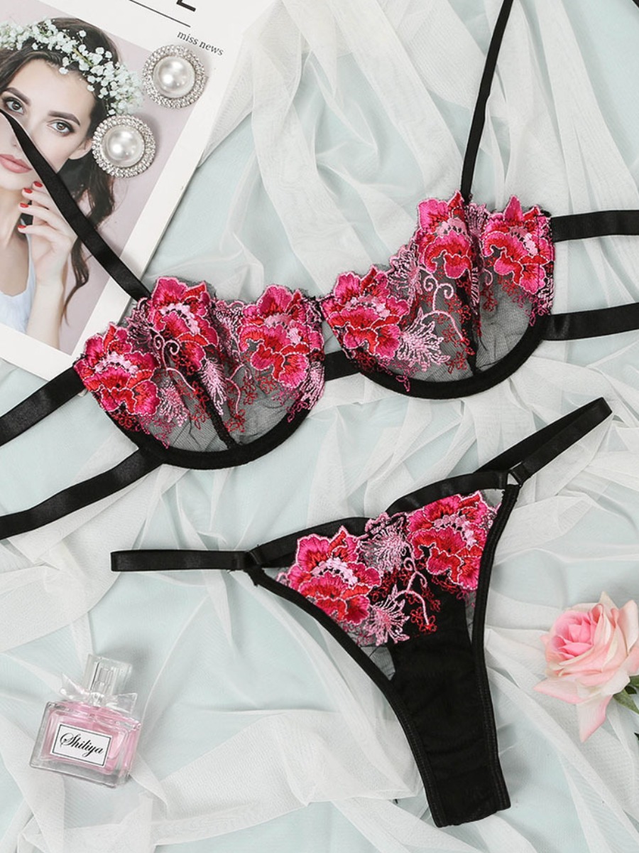 Lovely Sexy Floral Print See-through Rose Red Bra Set