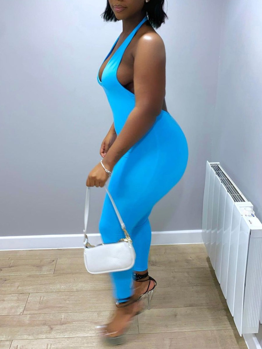 

Lovely Plus Size Sexy Backless Skinny Blue One-piece Jumpsuit