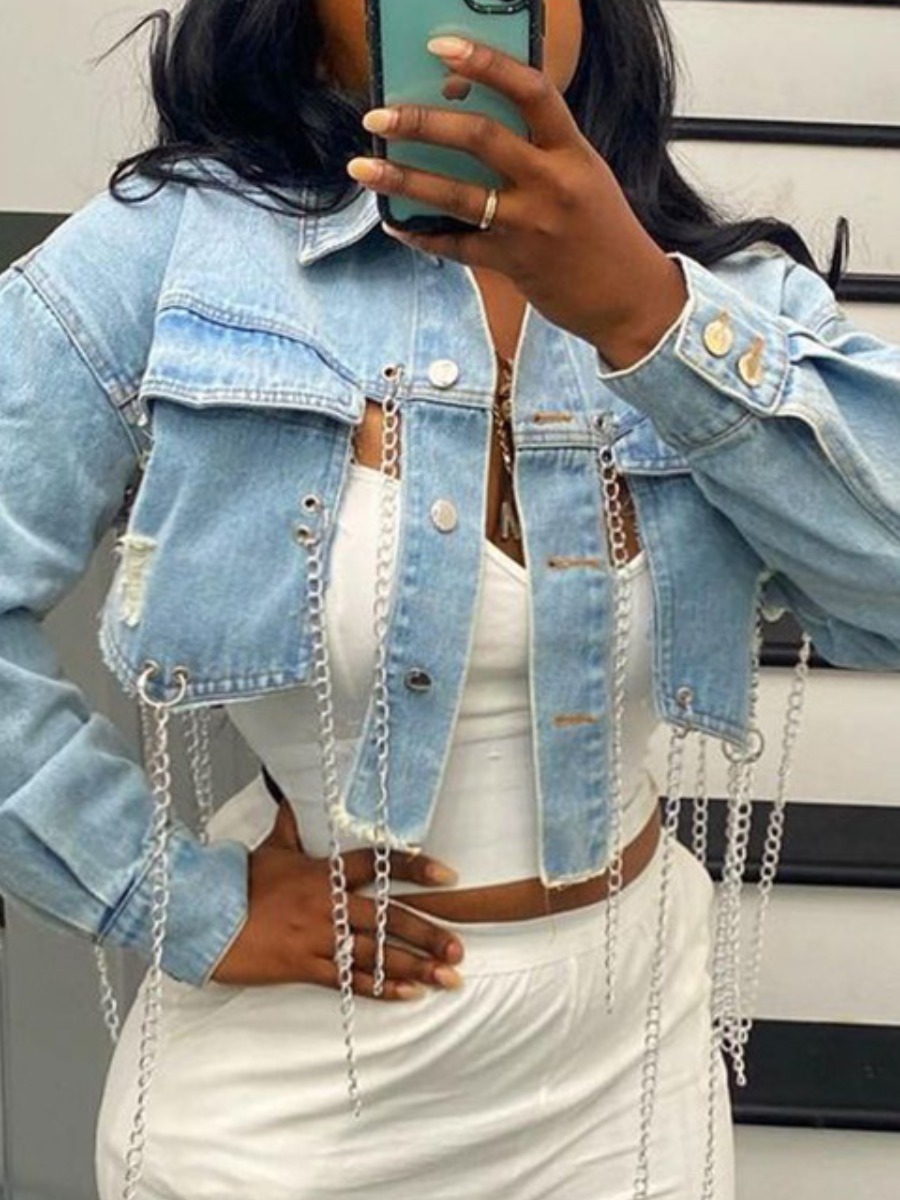 

LW Chain Decoration Split Denim Jacket, Baby blue