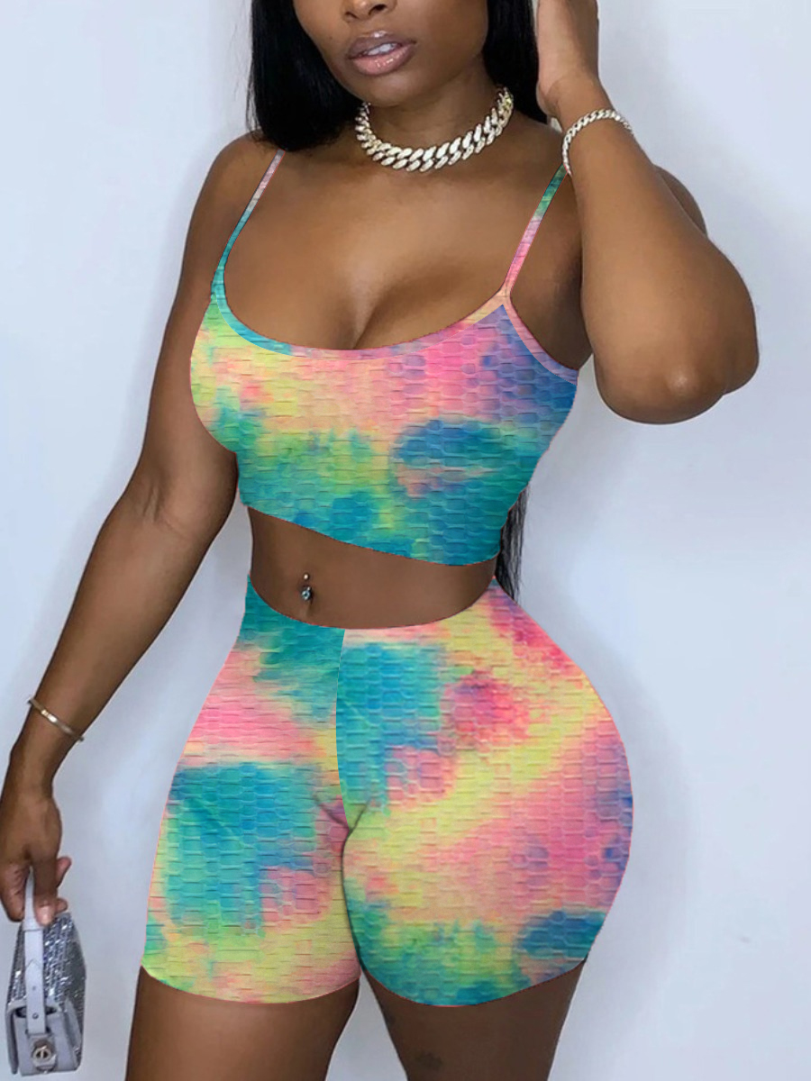 

Lovely Sexy Tie Dye Skinny Multicolor Two Piece Shorts Set, Multi
