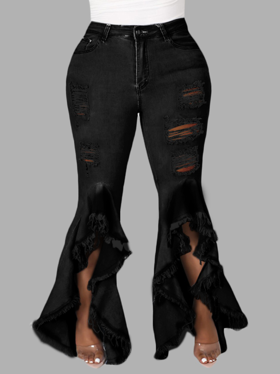 

LW Plus Size High Stretchy Ripped Flared Flounce Design Black Jeans