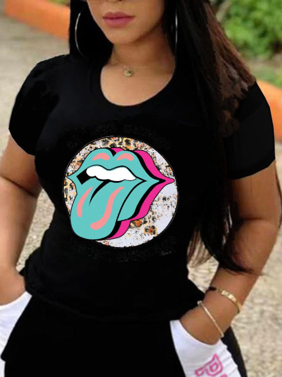 

Lovely Plus Size Casual O Neck Lip Print Black T-shirt