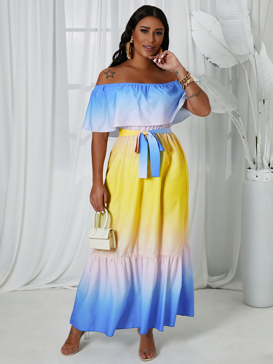 

Lovely Boho Off The Shoulder Gradient Flounce Design Multicolor Floor Length Dress, Multi