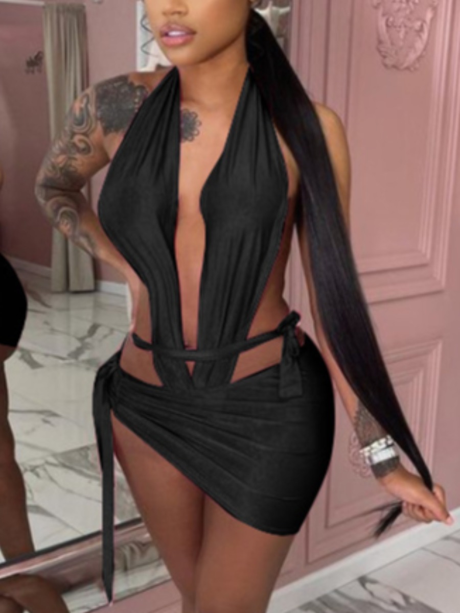

Lovely Sexy Backless Bandage Design Black Two Piece Skirt Set