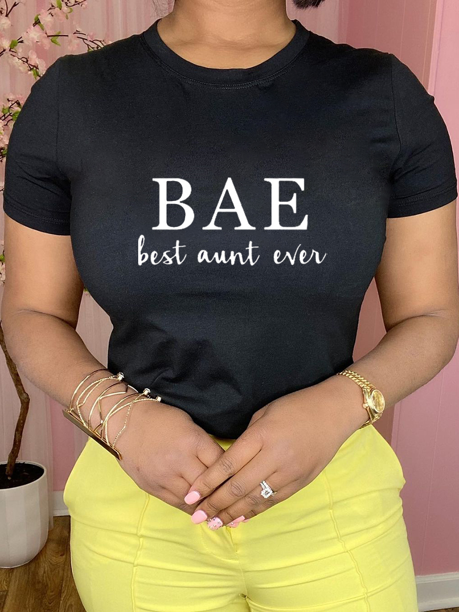 

Lovely Plus Size Casual Round Neck Letter Print Black T-shirt