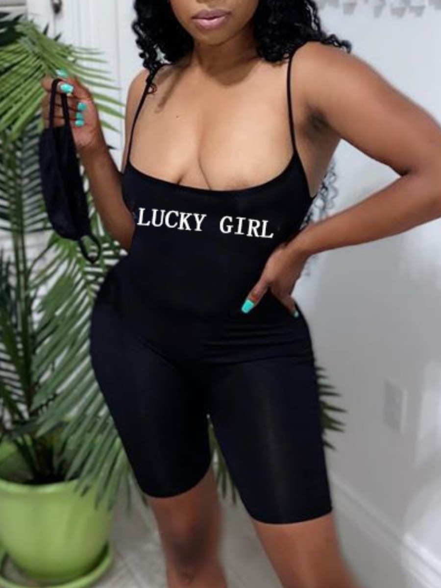

Lovely Casual Letter Print Spaghetti Strap Black One-piece Romper