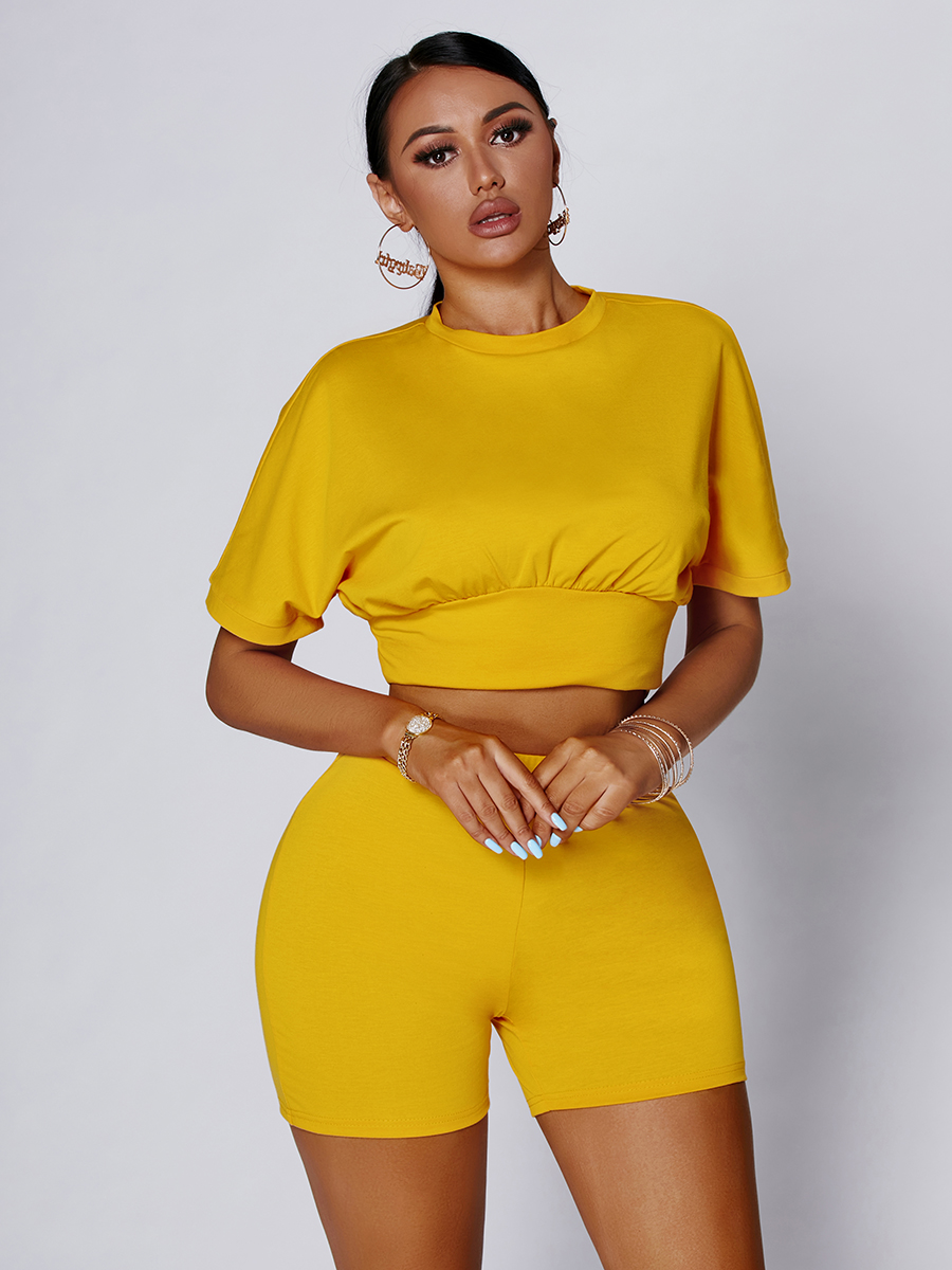 

Lovely Cotton Material Serious Casual O Neck Elastic Yellow Two Piece Shorts Set