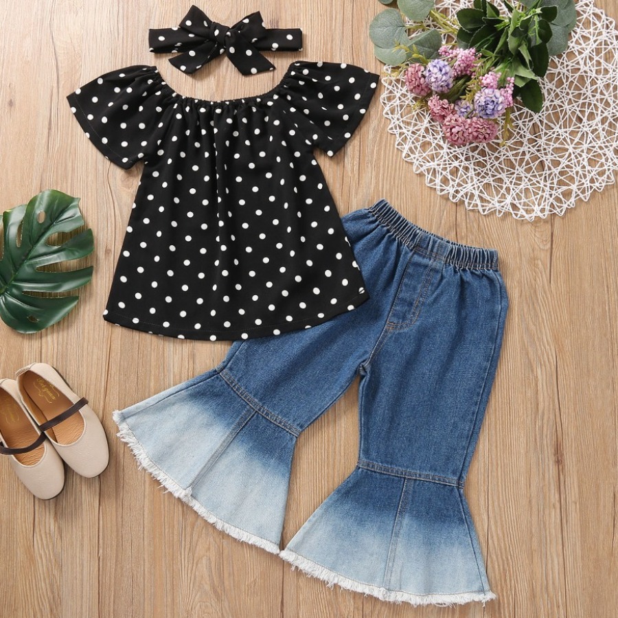 

Lovely Girl Sweet Dot Print Flared Black Two Piece Pants Set, Multi