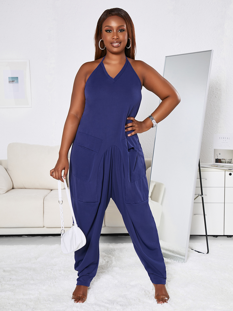 

LW Plus Size Casual V Neck Fold Design Dark Blue One-piece Jumpsuit
