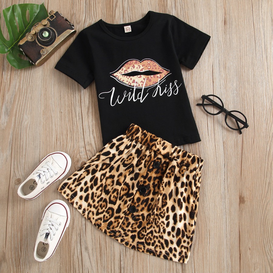 

Lovely Girl Casual Leopard Lip Print Two Piece Skirt Set