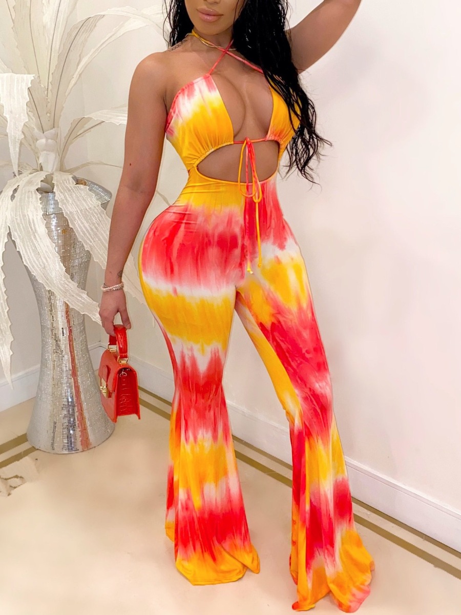 

LW SXY Tie-dye Bandage Hollow-out Design Yellow One-piece Jumpsuit