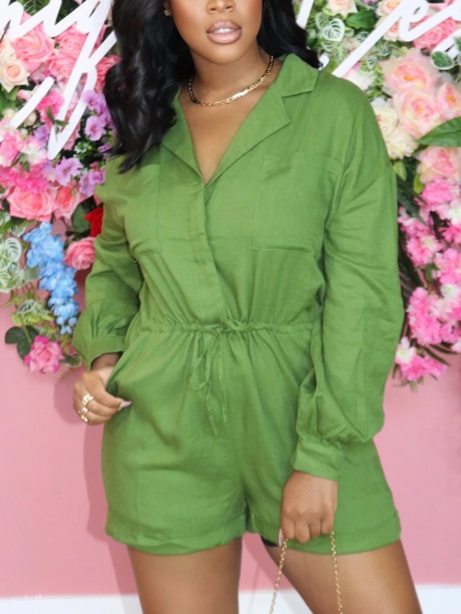 

Lovely Street Turndown Collar Drawstring Green One-piece Romper