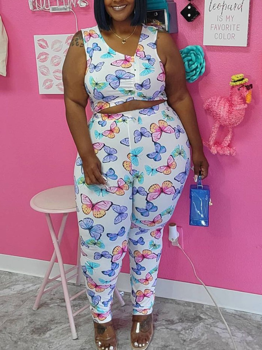 

Lovely Plus Size Casual O Neck Butterfly Print White Two-piece Pants Set