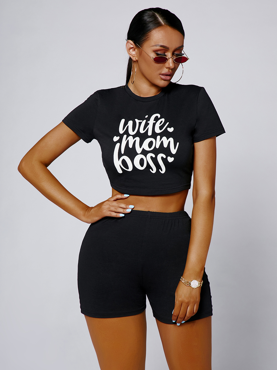 

Lovely Cotton Material Series Casual O Neck Letter Print Black Two Piece Shorts Set