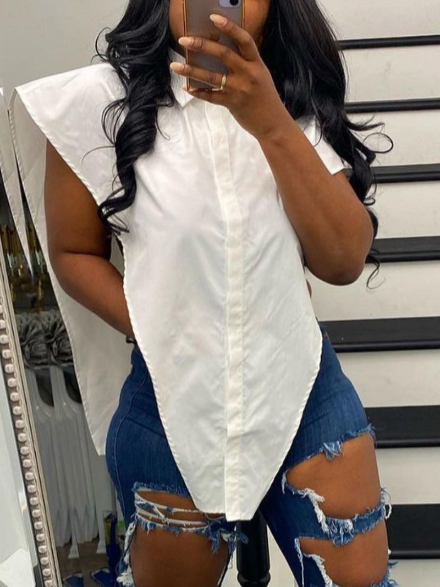 LW Street Turndown Collar Split White Blouse
