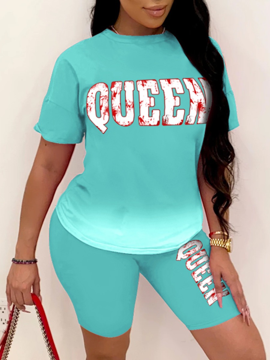 

Lovely Casual Gradient Letter Print Blue Two Piece Shorts Set