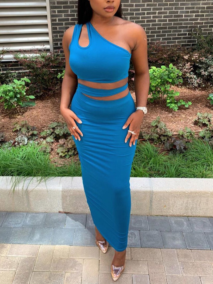 

Lovely Casual One Shoulder Hollow-out Blue Two Piece Skirt Set