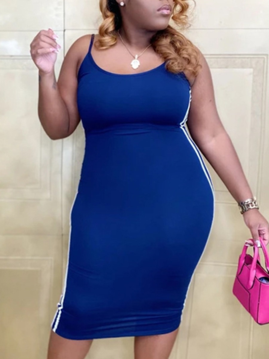 

Lovely Plus Size Casual U Neck Striped Blue Knee Length Dress