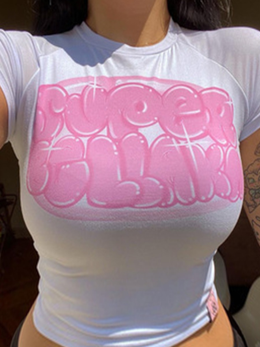 

Lovely Casual Round Neck Letter Print White T-shirt