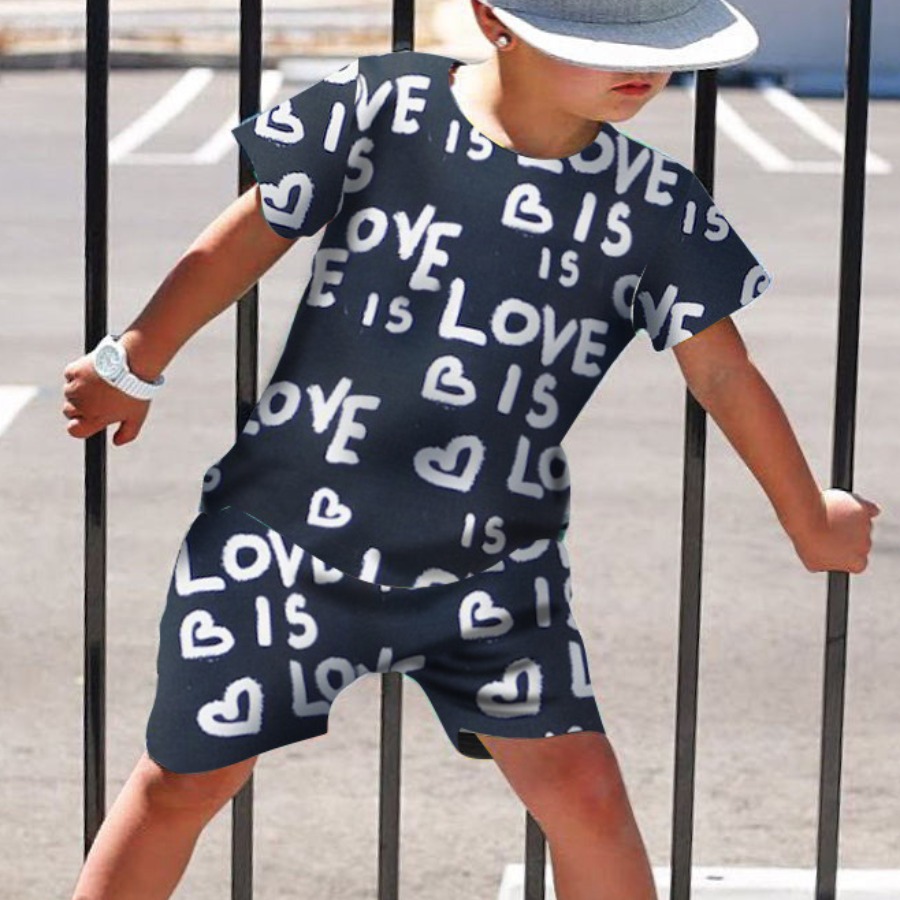 

Lovely Boy Casual Heart-shaped Letter Print Black Two Piece Shorts Set