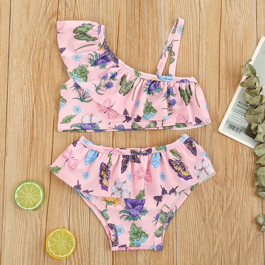 

Lovely Girl Boho Floral Print Flounce Design Pink Two-piece Swimsuit