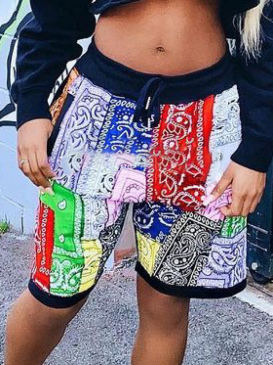

Lovely Street Geometric Print Drawstring Multicolor Shorts, Multi